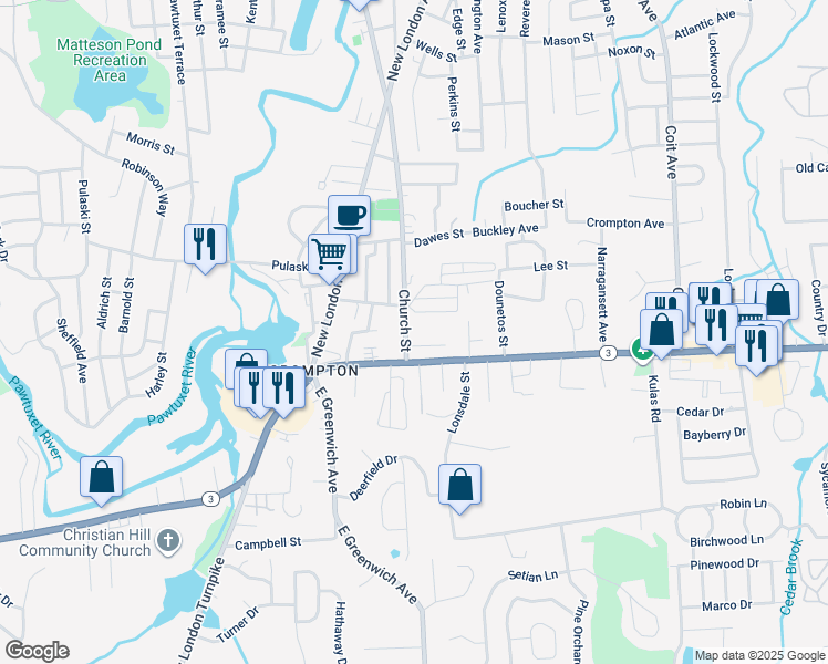 map of restaurants, bars, coffee shops, grocery stores, and more near 90 Church Street in West Warwick