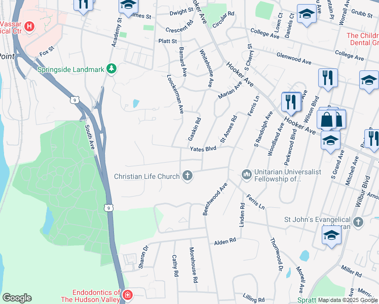map of restaurants, bars, coffee shops, grocery stores, and more near 4 Saint Johns Parkway in Poughkeepsie