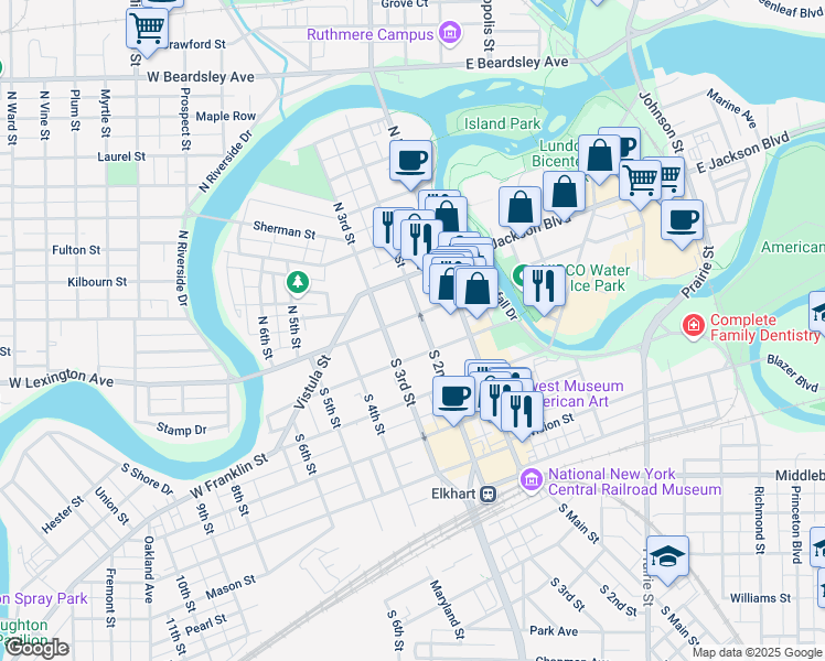 map of restaurants, bars, coffee shops, grocery stores, and more near in Elkhart