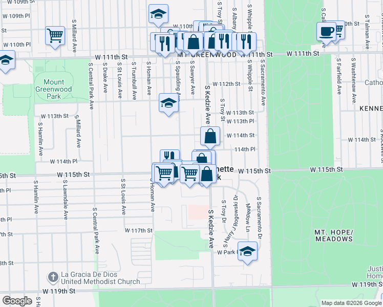 map of restaurants, bars, coffee shops, grocery stores, and more near 11456 South Sawyer Avenue in Chicago