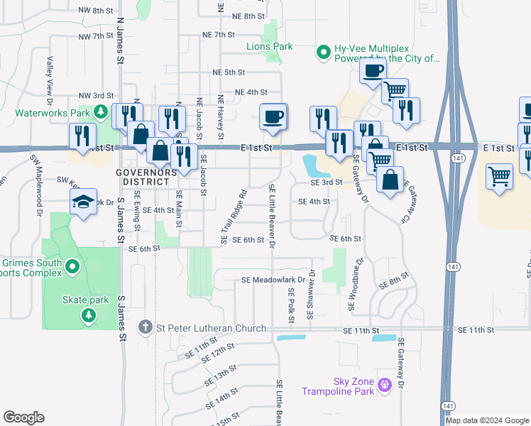 map of restaurants, bars, coffee shops, grocery stores, and more near 711 Southeast 5th Street in Grimes