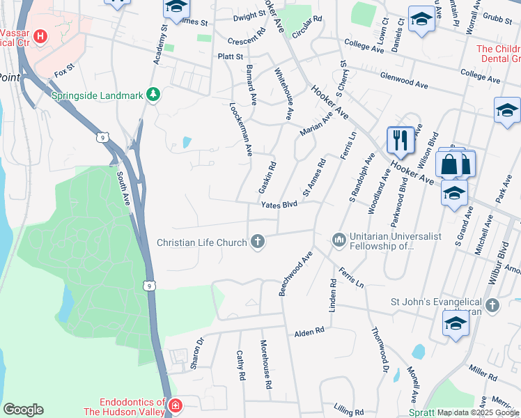 map of restaurants, bars, coffee shops, grocery stores, and more near 4 Saint Johns Parkway in Poughkeepsie