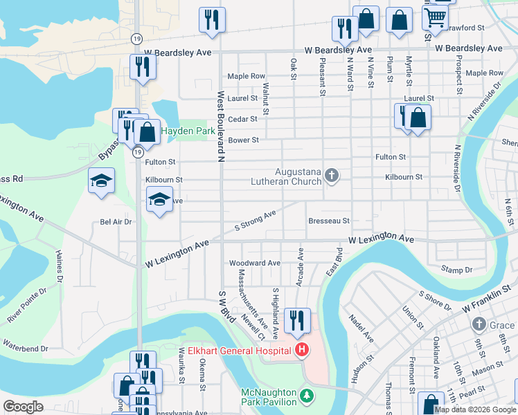 map of restaurants, bars, coffee shops, grocery stores, and more near 1504 Florence Street in Elkhart