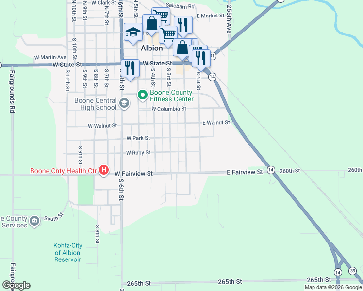 map of restaurants, bars, coffee shops, grocery stores, and more near 101-199 West Ruby Street in Albion