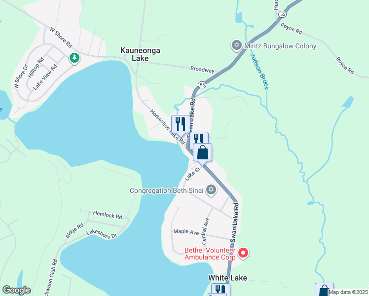 map of restaurants, bars, coffee shops, grocery stores, and more near 3575 State Route 55 in Kauneonga Lake