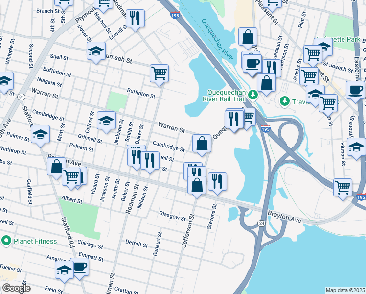 map of restaurants, bars, coffee shops, grocery stores, and more near 114 Reeves Street in Fall River