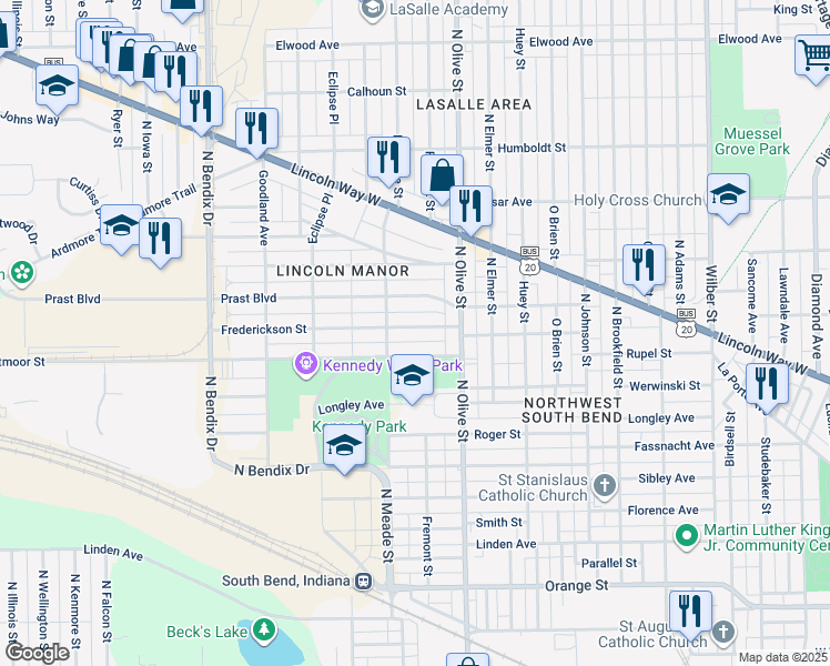 map of restaurants, bars, coffee shops, grocery stores, and more near 2506 Frederickson Street in South Bend