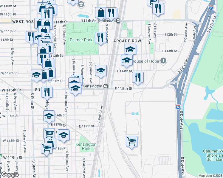 map of restaurants, bars, coffee shops, grocery stores, and more near S Cottage Grove Ave & E 115th St in Chicago