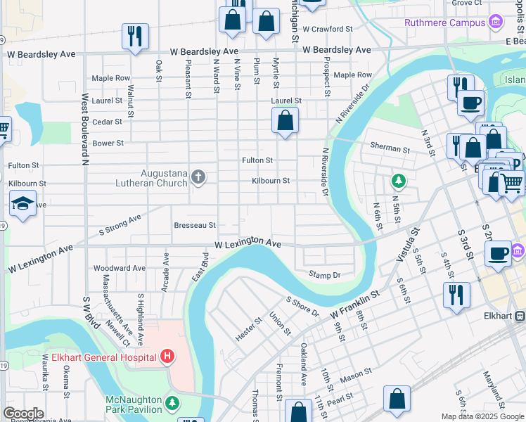 map of restaurants, bars, coffee shops, grocery stores, and more near 819 Strong Avenue in Elkhart