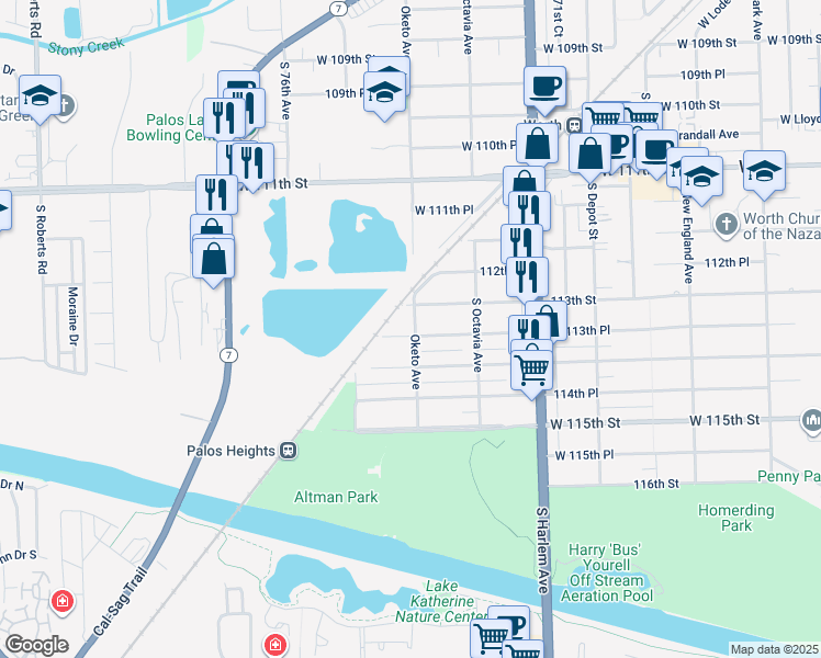 map of restaurants, bars, coffee shops, grocery stores, and more near 7400 West 113th Place in Worth