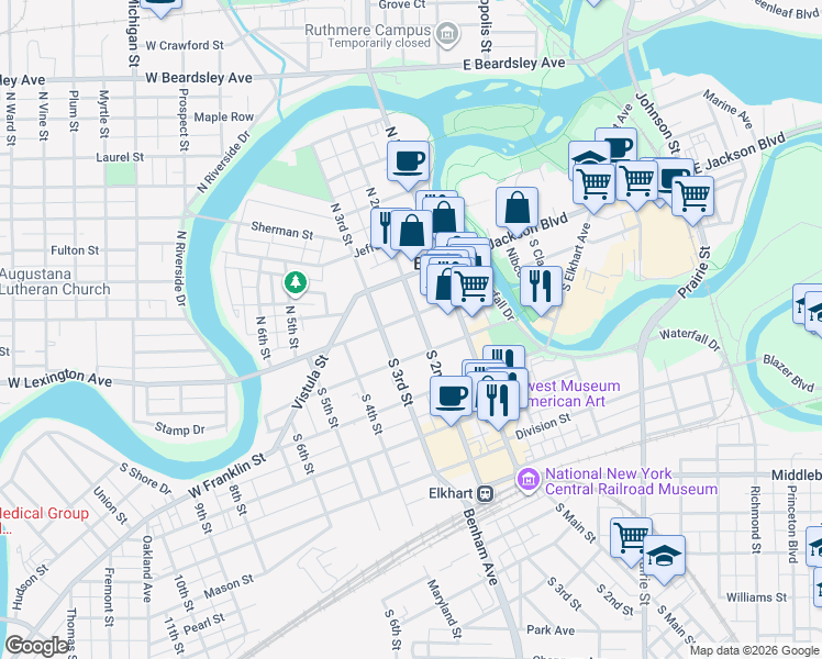map of restaurants, bars, coffee shops, grocery stores, and more near in Elkhart