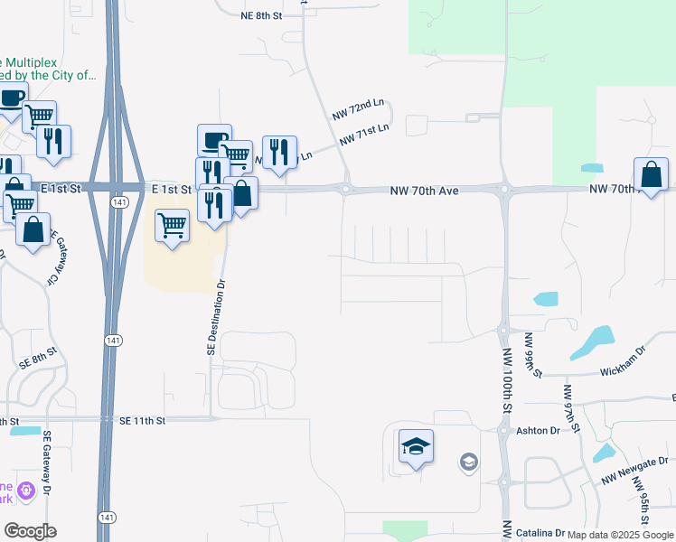 map of restaurants, bars, coffee shops, grocery stores, and more near Northwest 106th Street in Johnston