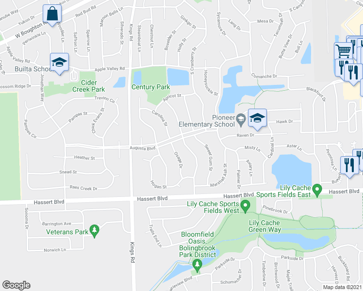 map of restaurants, bars, coffee shops, grocery stores, and more near 335 Clubhouse Street in Bolingbrook