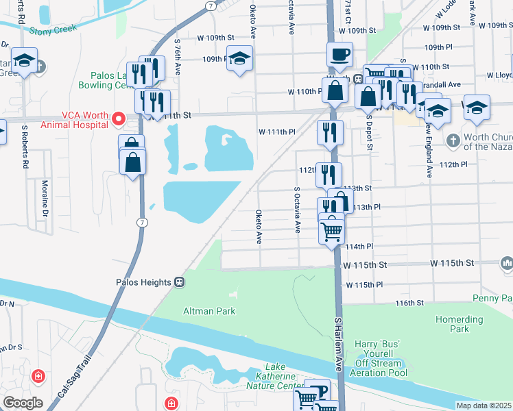 map of restaurants, bars, coffee shops, grocery stores, and more near 7407 West 113th Place in Worth