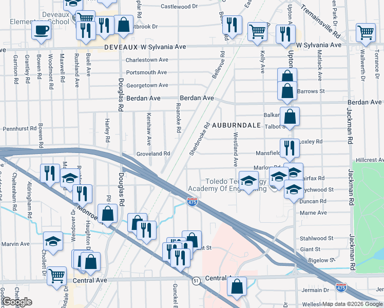map of restaurants, bars, coffee shops, grocery stores, and more near 3610 Sherbrooke Road in Toledo