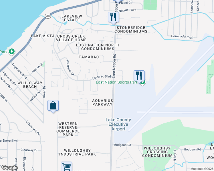 map of restaurants, bars, coffee shops, grocery stores, and more near 1625 Lost Nation Road in Willoughby