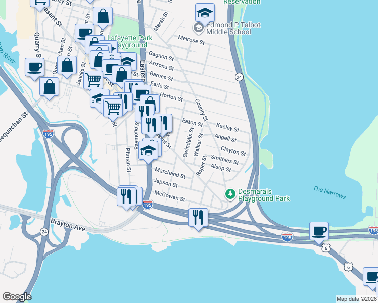 map of restaurants, bars, coffee shops, grocery stores, and more near 6 Hirst Street in Fall River