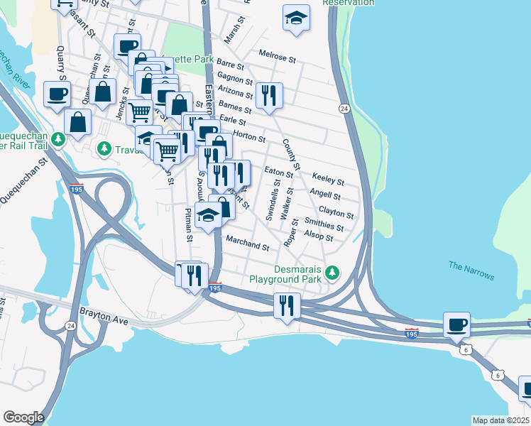 map of restaurants, bars, coffee shops, grocery stores, and more near 6 Hirst Street in Fall River