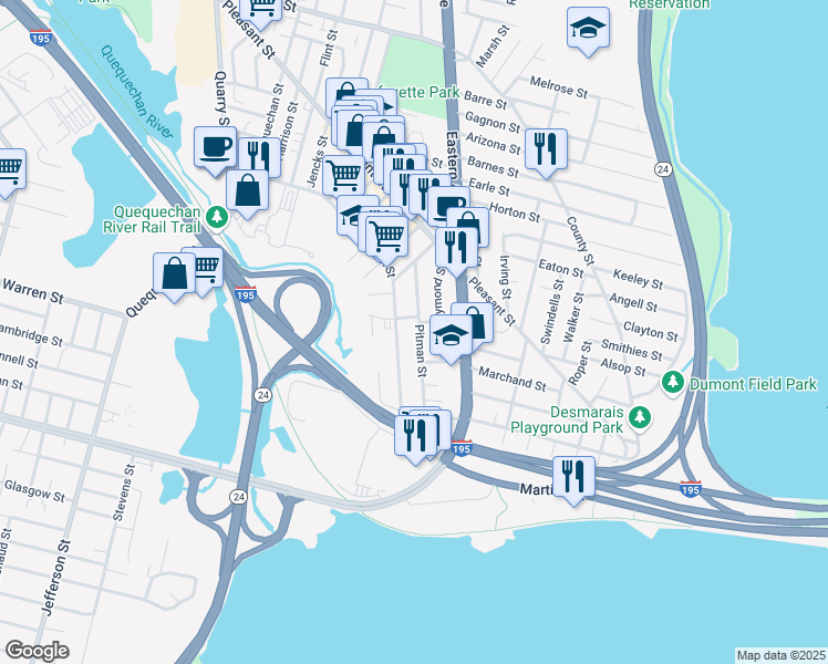map of restaurants, bars, coffee shops, grocery stores, and more near 180 Pitman Street in Fall River