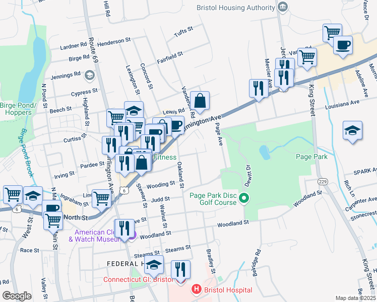 map of restaurants, bars, coffee shops, grocery stores, and more near 230 Oakland Street in Bristol