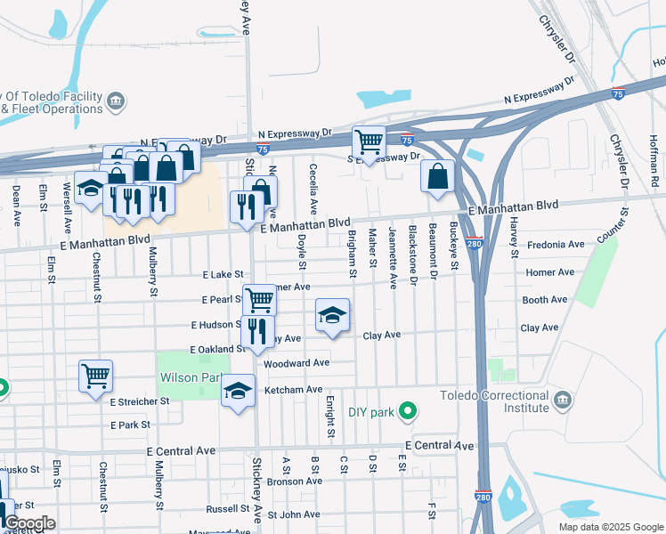 map of restaurants, bars, coffee shops, grocery stores, and more near 1025 Homer Avenue in Toledo