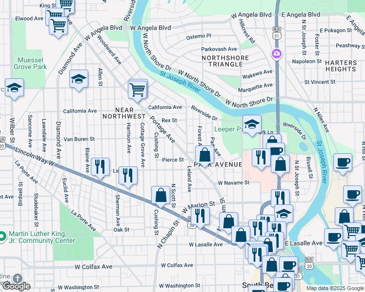 map of restaurants, bars, coffee shops, grocery stores, and more near 727 Portage Avenue in South Bend