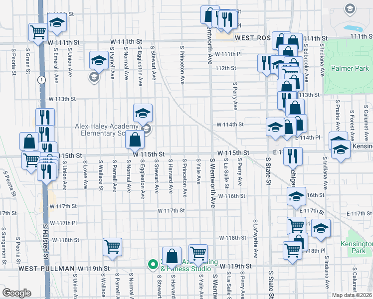 map of restaurants, bars, coffee shops, grocery stores, and more near 257 West 115th Street in Chicago
