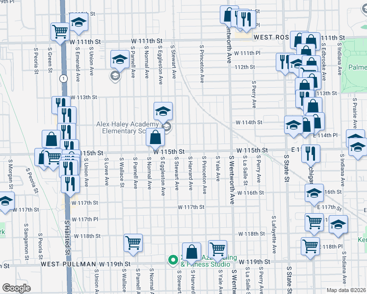map of restaurants, bars, coffee shops, grocery stores, and more near 335 West 115th Street in Chicago
