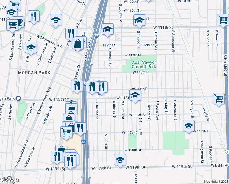 map of restaurants, bars, coffee shops, grocery stores, and more near 1442 West 115th Street in Chicago