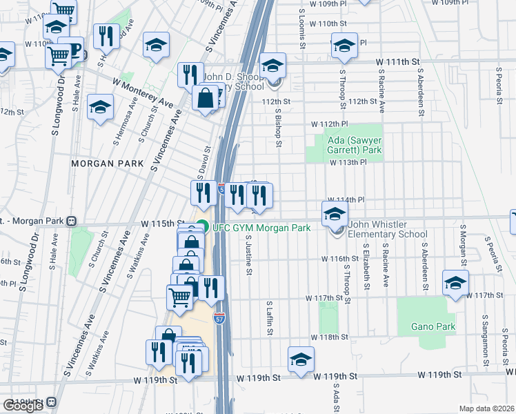 map of restaurants, bars, coffee shops, grocery stores, and more near 1479 West 114th Place in Chicago