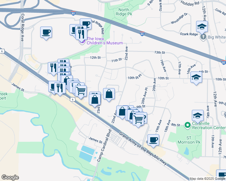 map of restaurants, bars, coffee shops, grocery stores, and more near 2240 9th Street in Coralville