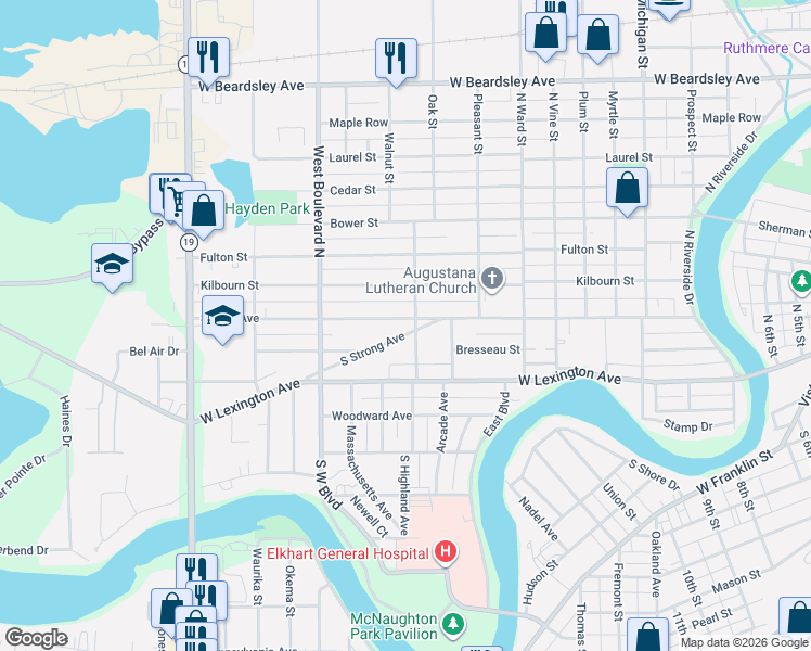 map of restaurants, bars, coffee shops, grocery stores, and more near 119 South Highland Avenue in Elkhart