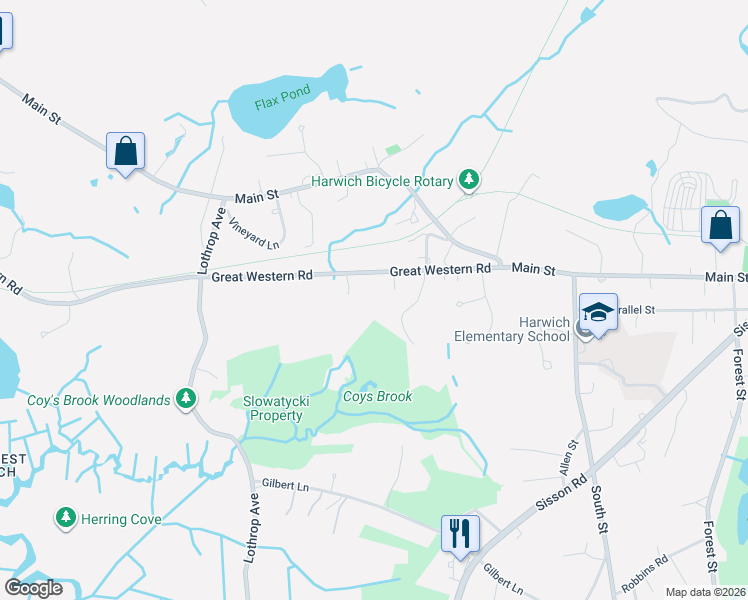 map of restaurants, bars, coffee shops, grocery stores, and more near 417 Great Western Road in Harwich