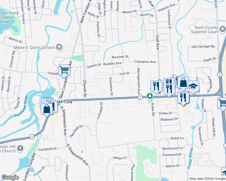 map of restaurants, bars, coffee shops, grocery stores, and more near 128 Cowesett Avenue in West Warwick