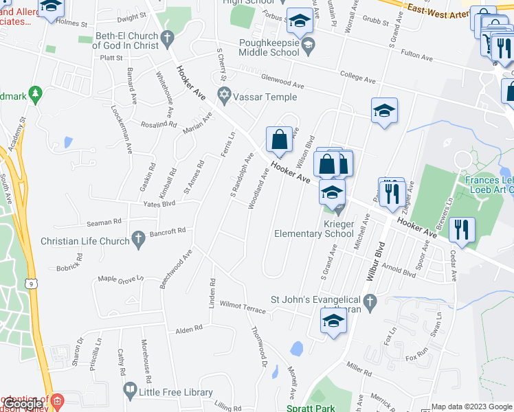 map of restaurants, bars, coffee shops, grocery stores, and more near 35 Woodland Avenue in Poughkeepsie