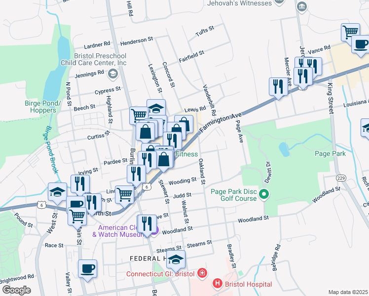 map of restaurants, bars, coffee shops, grocery stores, and more near 156 Farmington Ave in Bristol