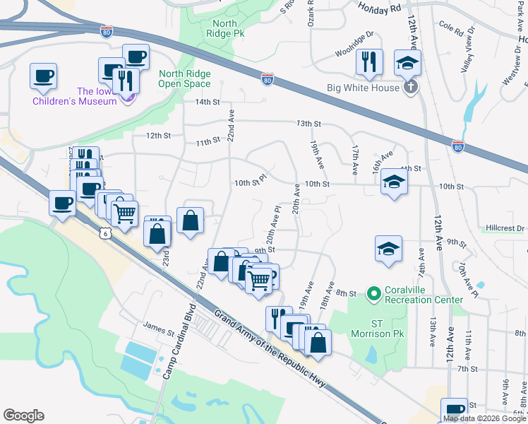 map of restaurants, bars, coffee shops, grocery stores, and more near 908 20th Avenue Place in Coralville