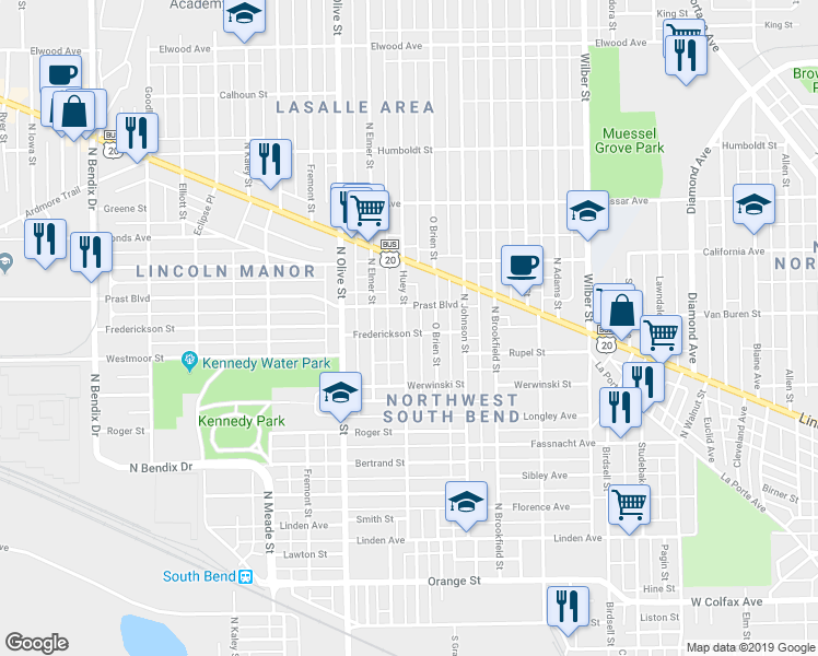 map of restaurants, bars, coffee shops, grocery stores, and more near 802 Huey Street in South Bend