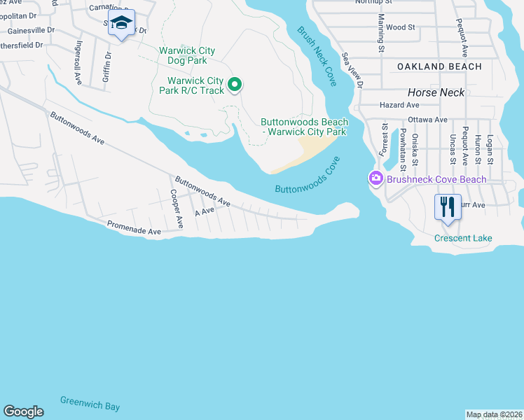 map of restaurants, bars, coffee shops, grocery stores, and more near 13 13th Avenue in Warwick