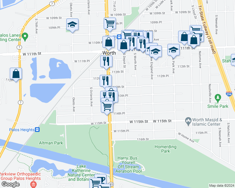 map of restaurants, bars, coffee shops, grocery stores, and more near 7134 West 113th Place in Worth