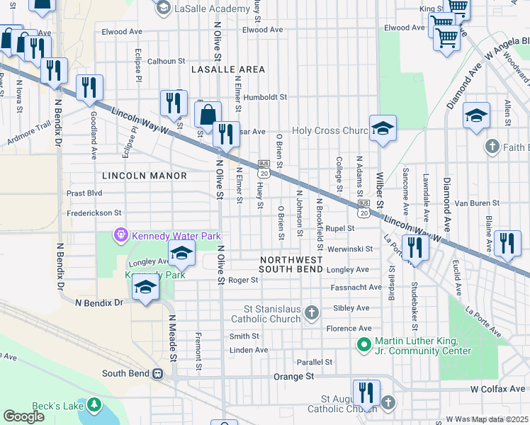 map of restaurants, bars, coffee shops, grocery stores, and more near 749 Huey Street in South Bend