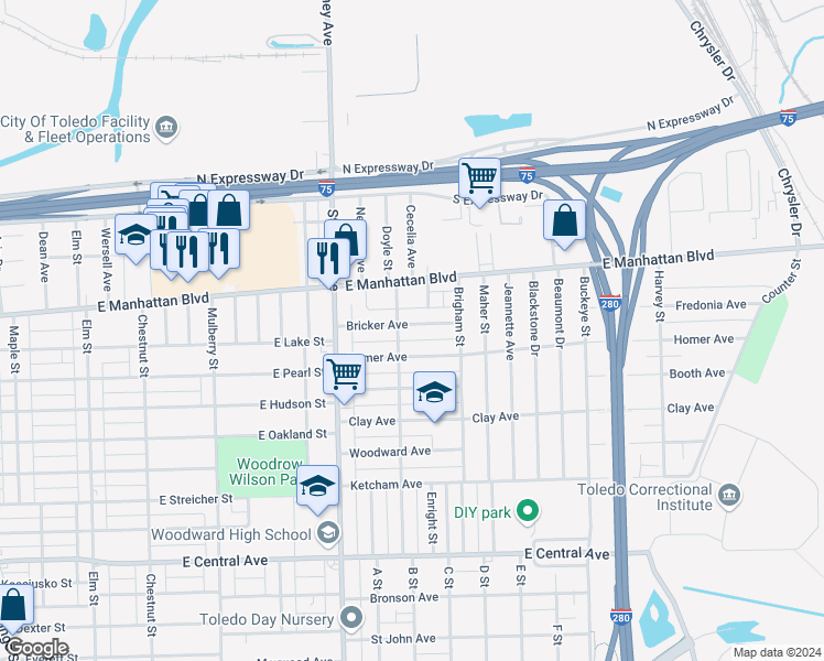 map of restaurants, bars, coffee shops, grocery stores, and more near 1004 Bricker Avenue in Toledo