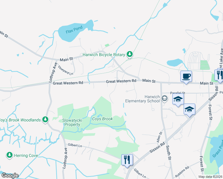 map of restaurants, bars, coffee shops, grocery stores, and more near 4 Bassett Woods Road in Harwich