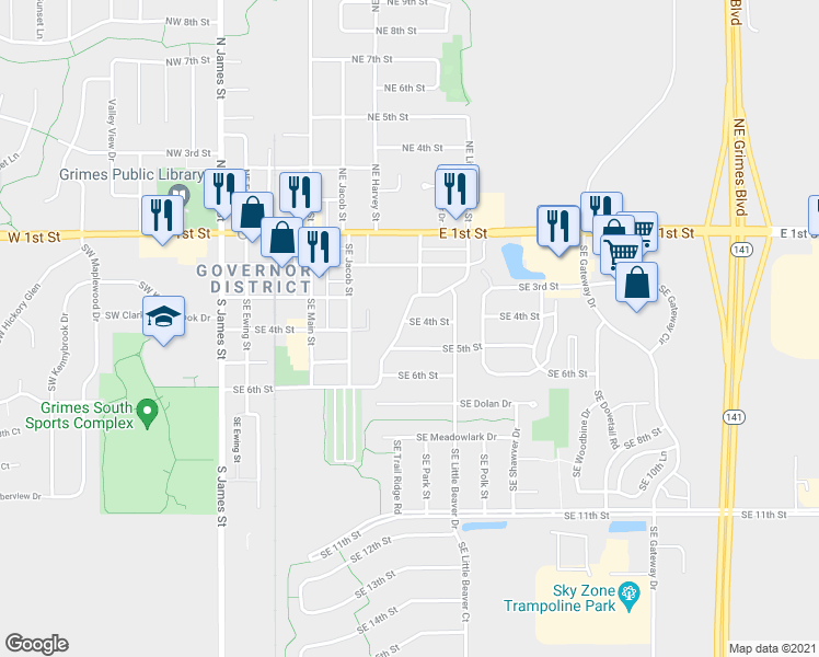map of restaurants, bars, coffee shops, grocery stores, and more near 700 Southeast 4th Street in Grimes