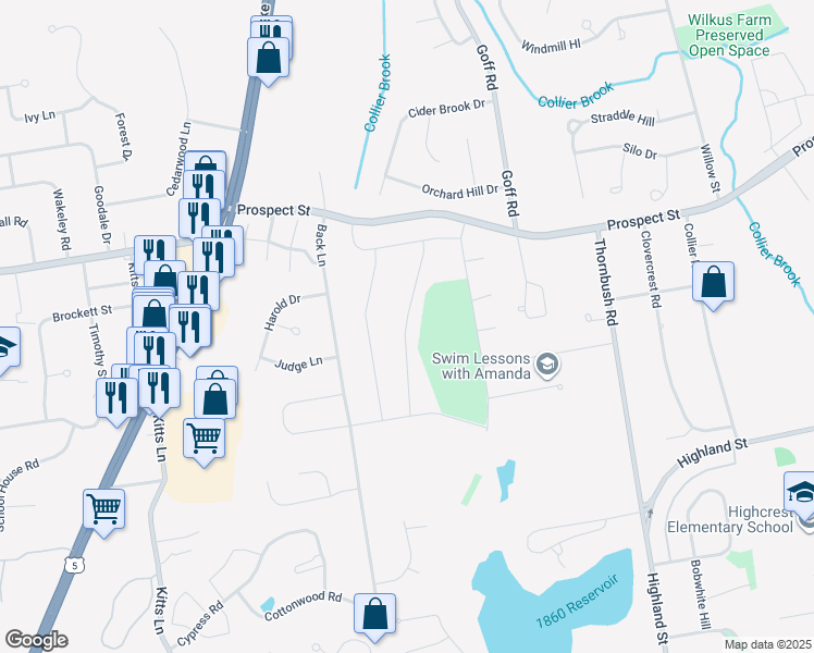 map of restaurants, bars, coffee shops, grocery stores, and more near Apple Hill in Wethersfield