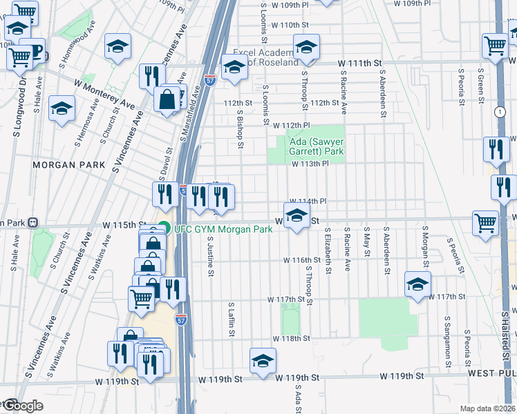 map of restaurants, bars, coffee shops, grocery stores, and more near 1413 West 114th Place in Chicago
