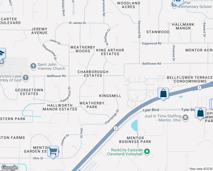 map of restaurants, bars, coffee shops, grocery stores, and more near 7972 Champaign Drive in Mentor