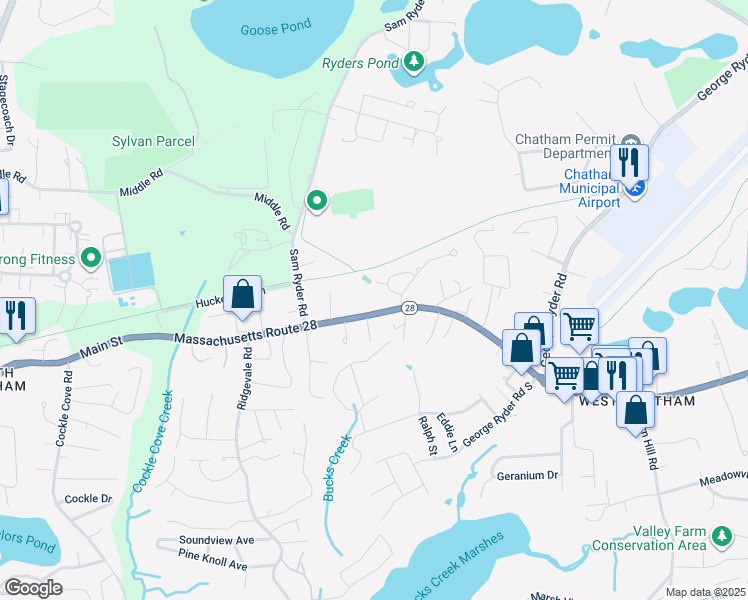 map of restaurants, bars, coffee shops, grocery stores, and more near 1898 Main Street in Chatham