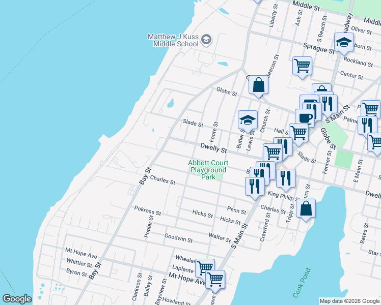 map of restaurants, bars, coffee shops, grocery stores, and more near 299 Birch Street in Fall River