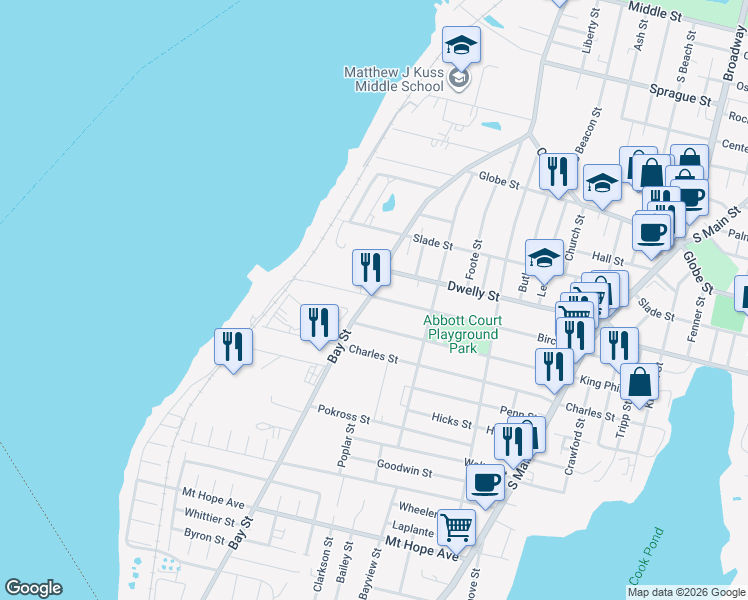 map of restaurants, bars, coffee shops, grocery stores, and more near 272 King Philip Street in Fall River